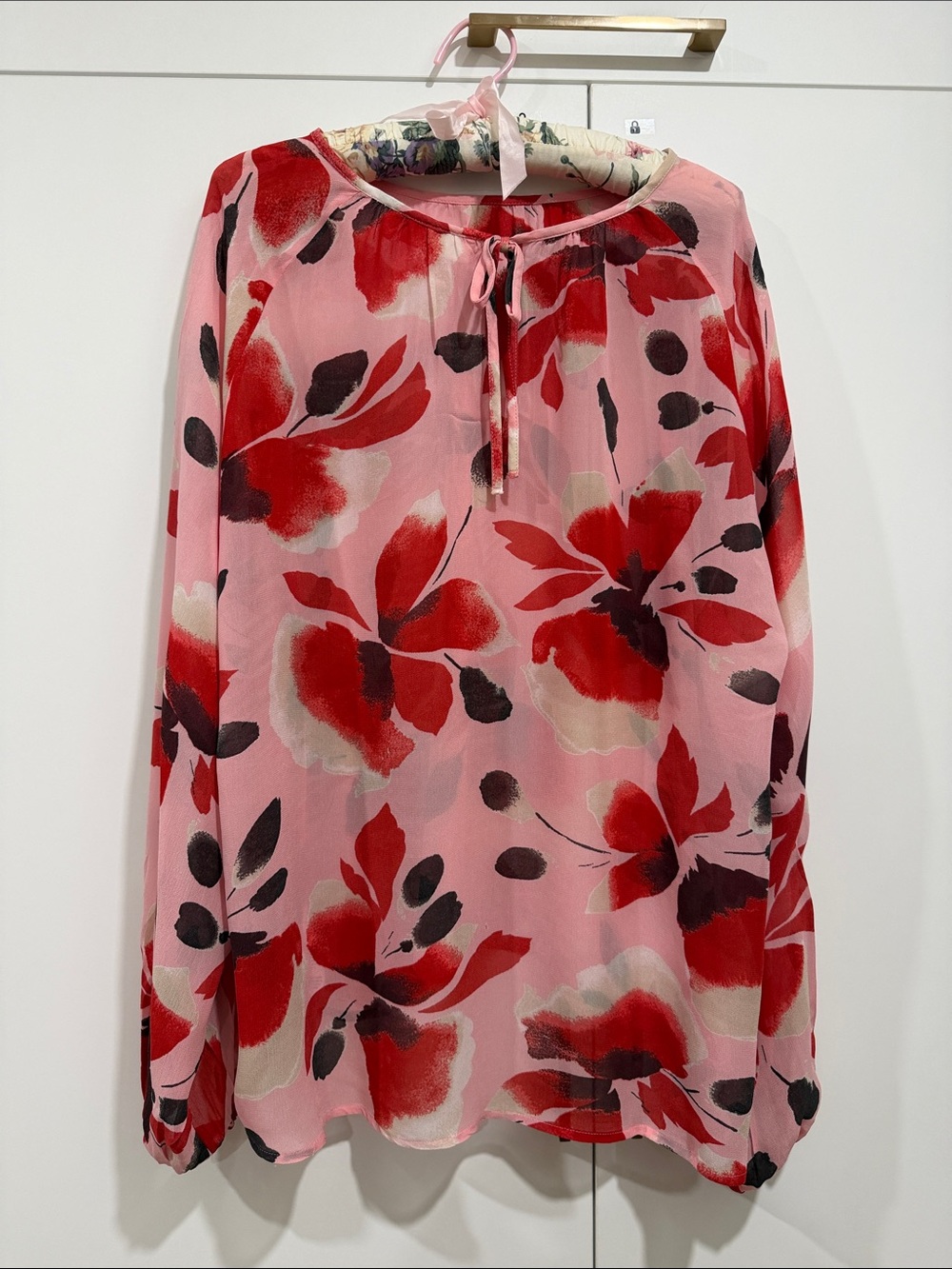 Pink Floral Tie-Neck Blouse